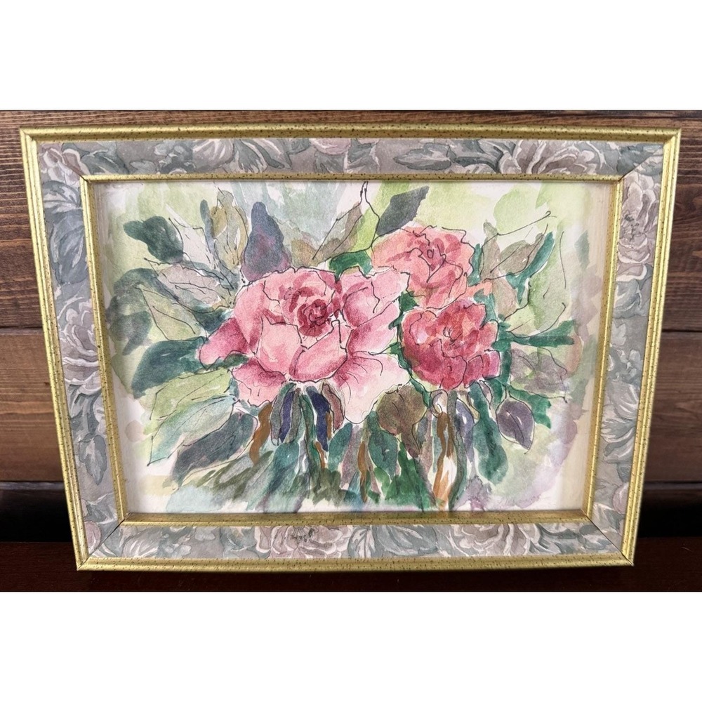 Vintage Pink Flower Watercolor Painting 6"x8" Gold Framed